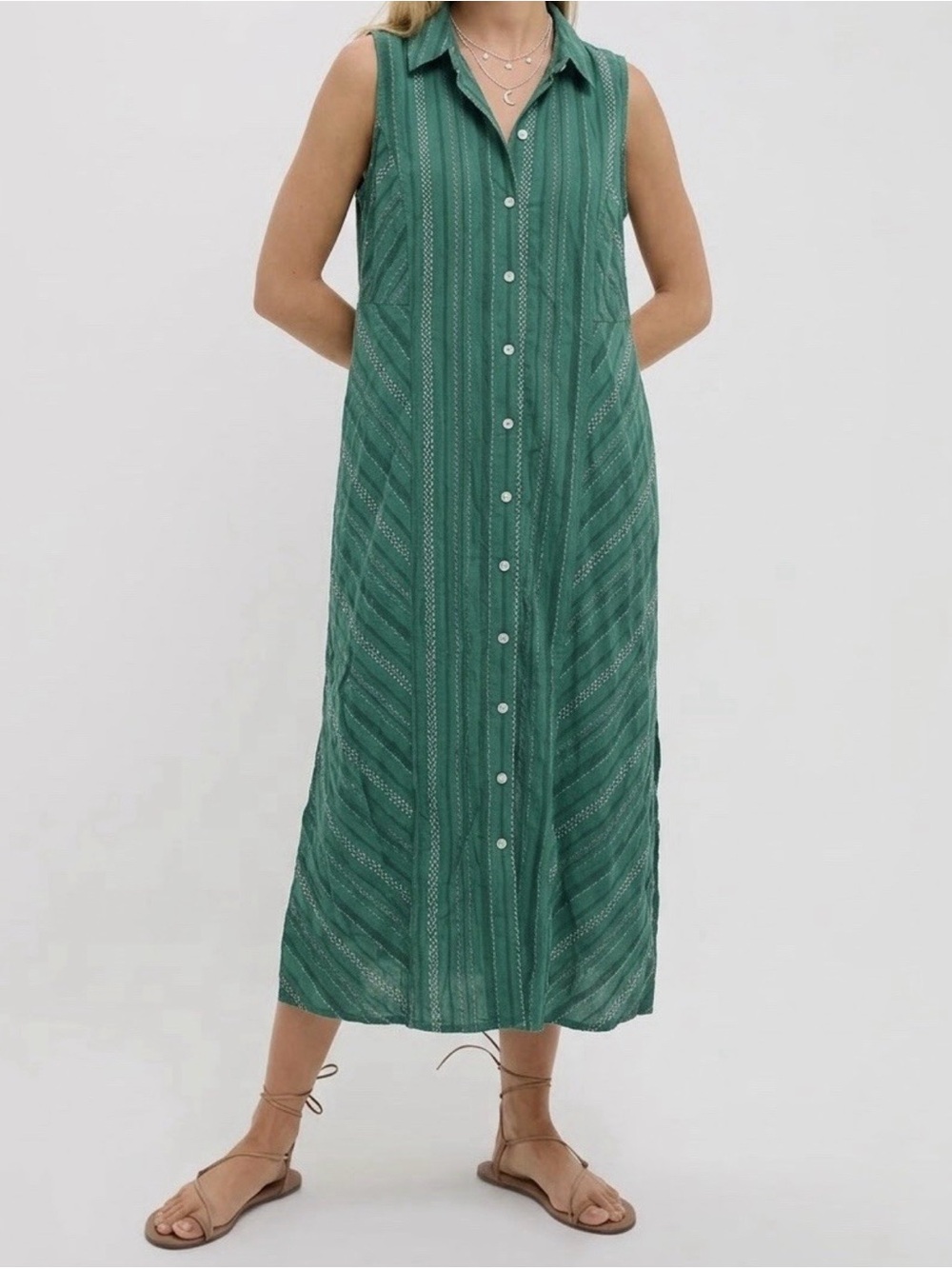 J Jill Sleeveless Button-Front Maxi Dress in Green 2x NWT